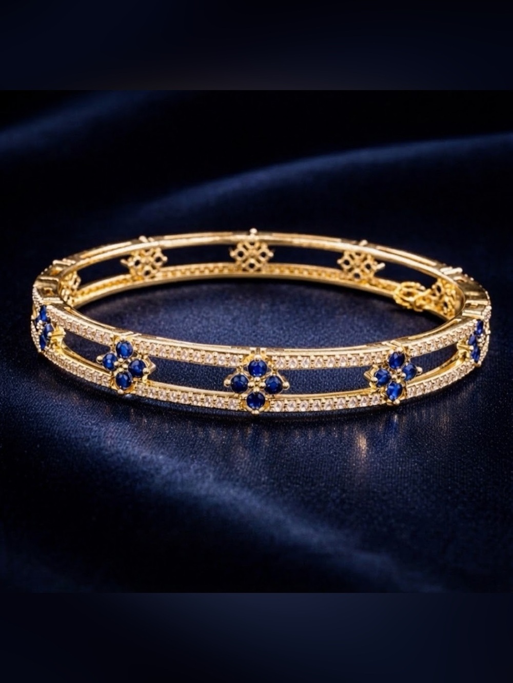 Gold-tone and Blue Sapphire Crystal Flower Statement Bangle Bracelet Jewelry